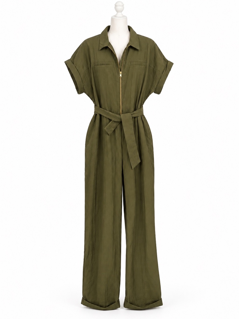 ZARA Olive Green Utility Jumpsuit Belted Wide Leg Short Sleeve Size L